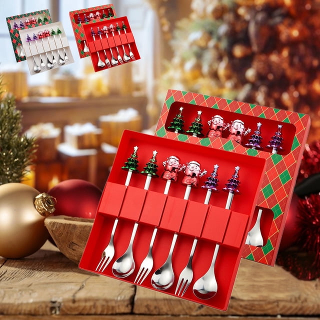 mfyjkho Juego de cuchara y tenedor de muñeco de nieve navideño, cubiertos de postre de acero inoxidable, caja de cubiertos portátil, regalo para fiestas navideñas, incluye 4 piezas
