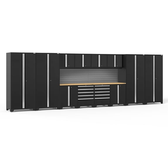 NewAge Products Pro Series Black 14 Piece Cabinet Set, Heavy Duty 18-Gauge Steel Garage Storage System, Slatwall Included