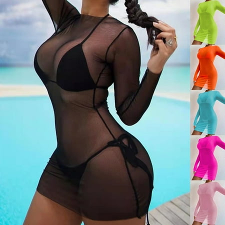 Yinreli 3Pcs/Set Halter Back Lace-up Bikini Dress Set See-through Solid Color Bra Thong Mesh Yarn Cover Up for Swimming Pool
