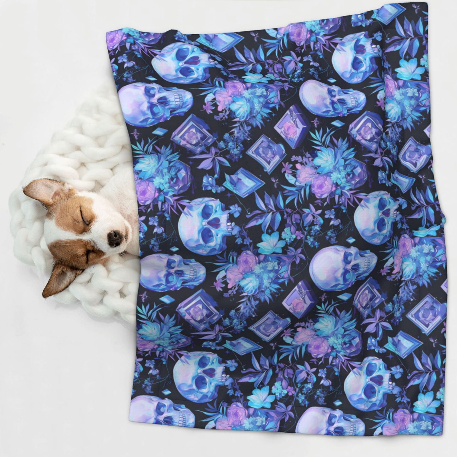 Naloa Skull blue crystal flower Dog Blanket, 3 Sizes Cat Blanket for Indoor Cats Large Medium Small Dog Gifts-