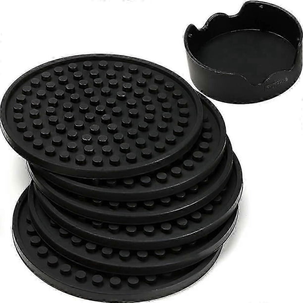 Coasters For Drinks - Set of 6 with Holder, Black - Protect Furniture From Water Marks or Damage - Deep Tray and Rim Catch Cold Drink Sweat Without Sp