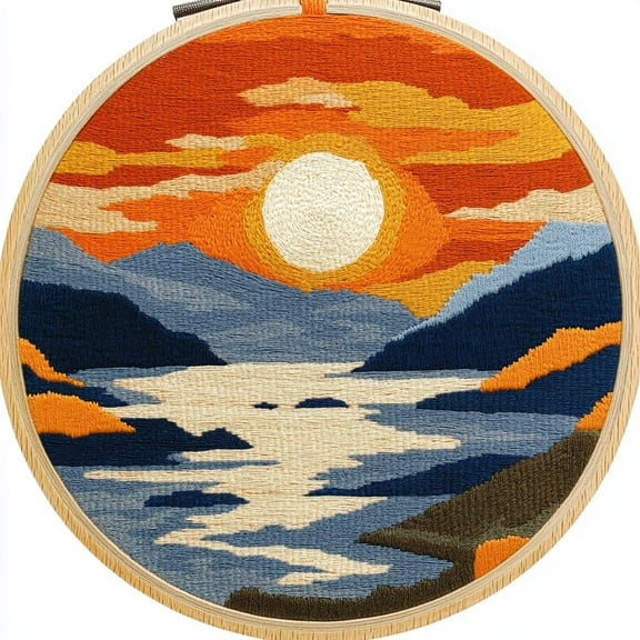 DIY Punch Needle Kits for Beginners Sunset and Mountains with Hoop Punch Needle Starter Craft Embroidery Set Easy for Adults and Children Festival Gift and Decoration 20x20cm-1