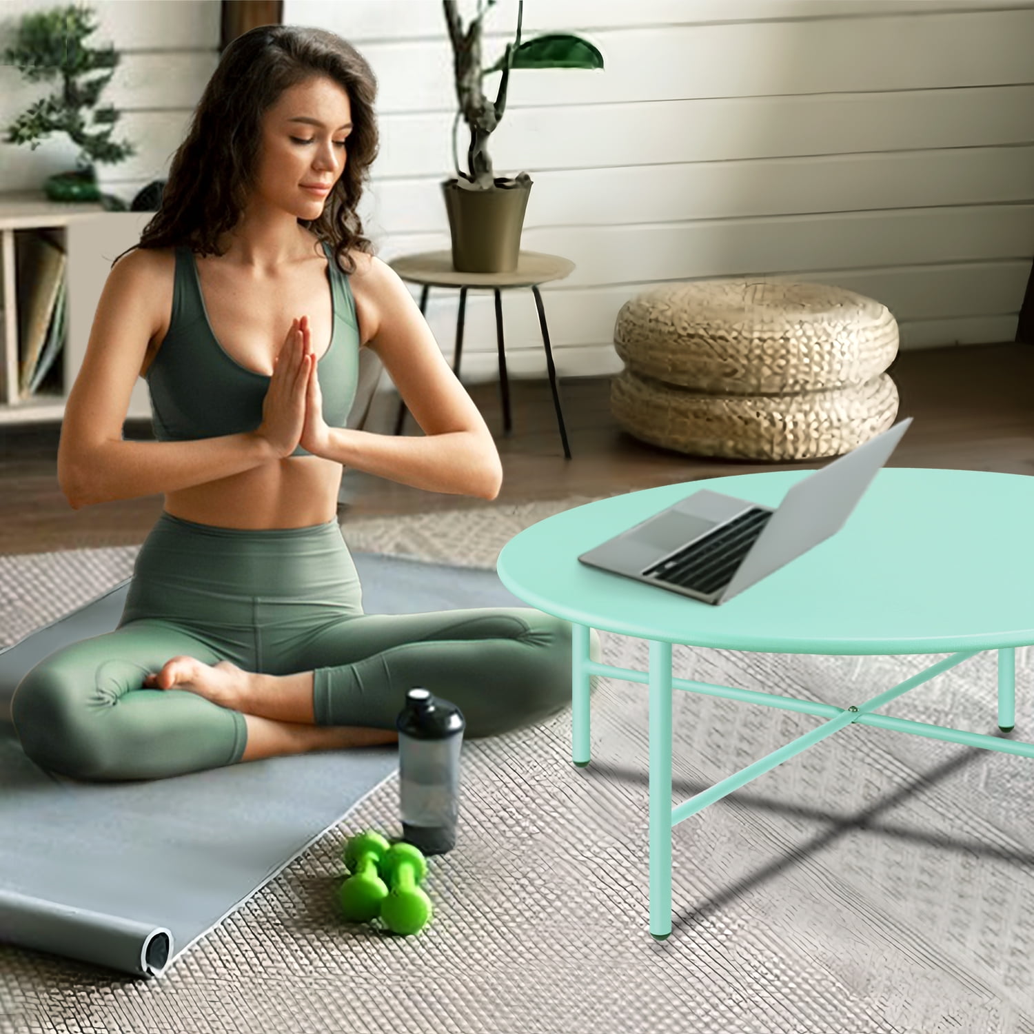 CERBIOR Patio Round Steel Coffee Table, Weather Resistant Anti-Rust and Waterproof Indoor and Outdoor Large Side Table, for Garden Living Room Bedroom Balcony (Mint Green)