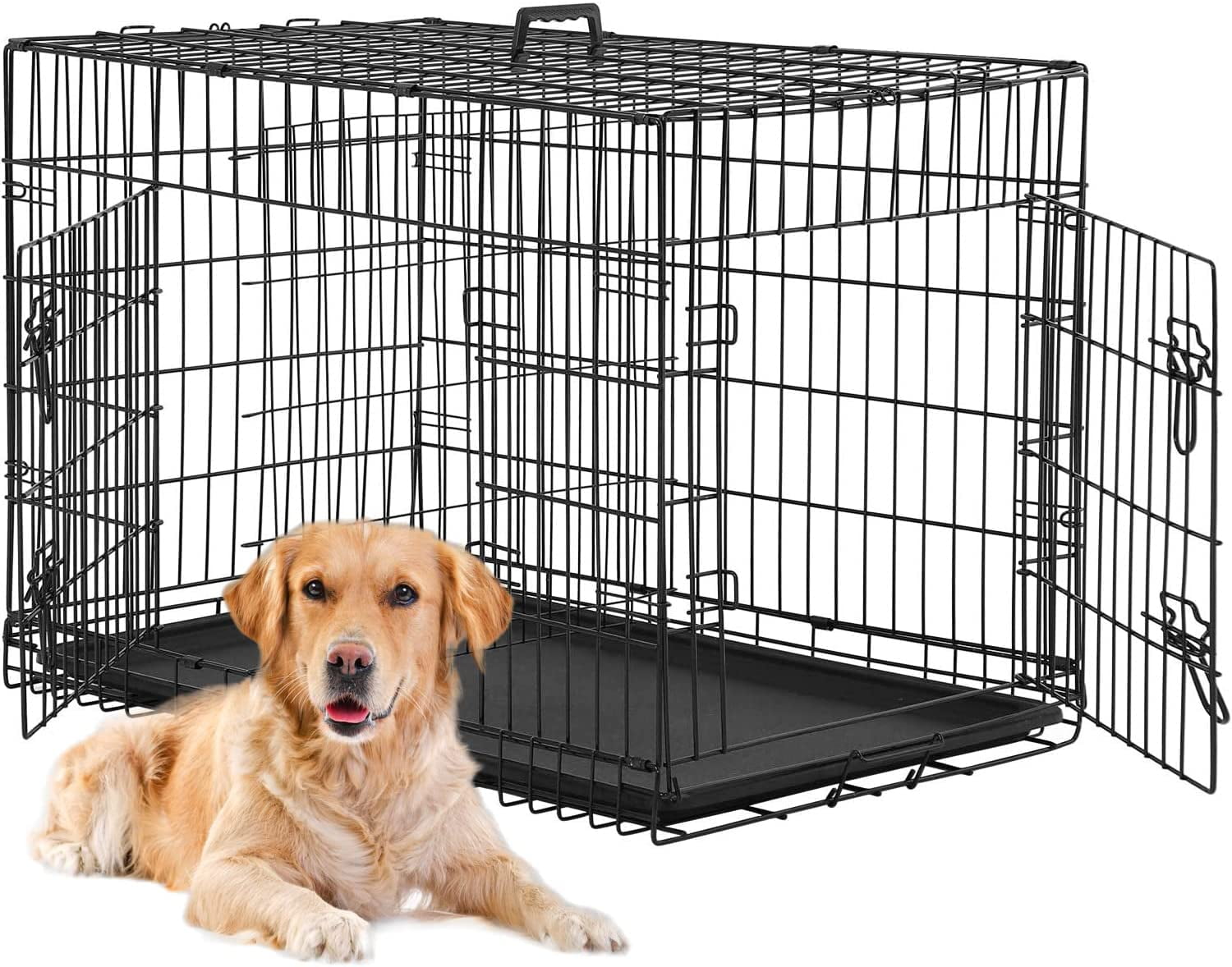 Bestpet 24 inch Black Foldable Metal Double Door Dog Crate with Divider Removable Tray for Small Dogs