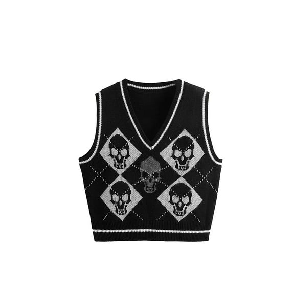 Douhoow Women Gothic Knit Sweater Vest Skull Argyle Print Knitwear V-neck Pullover Jumper Top