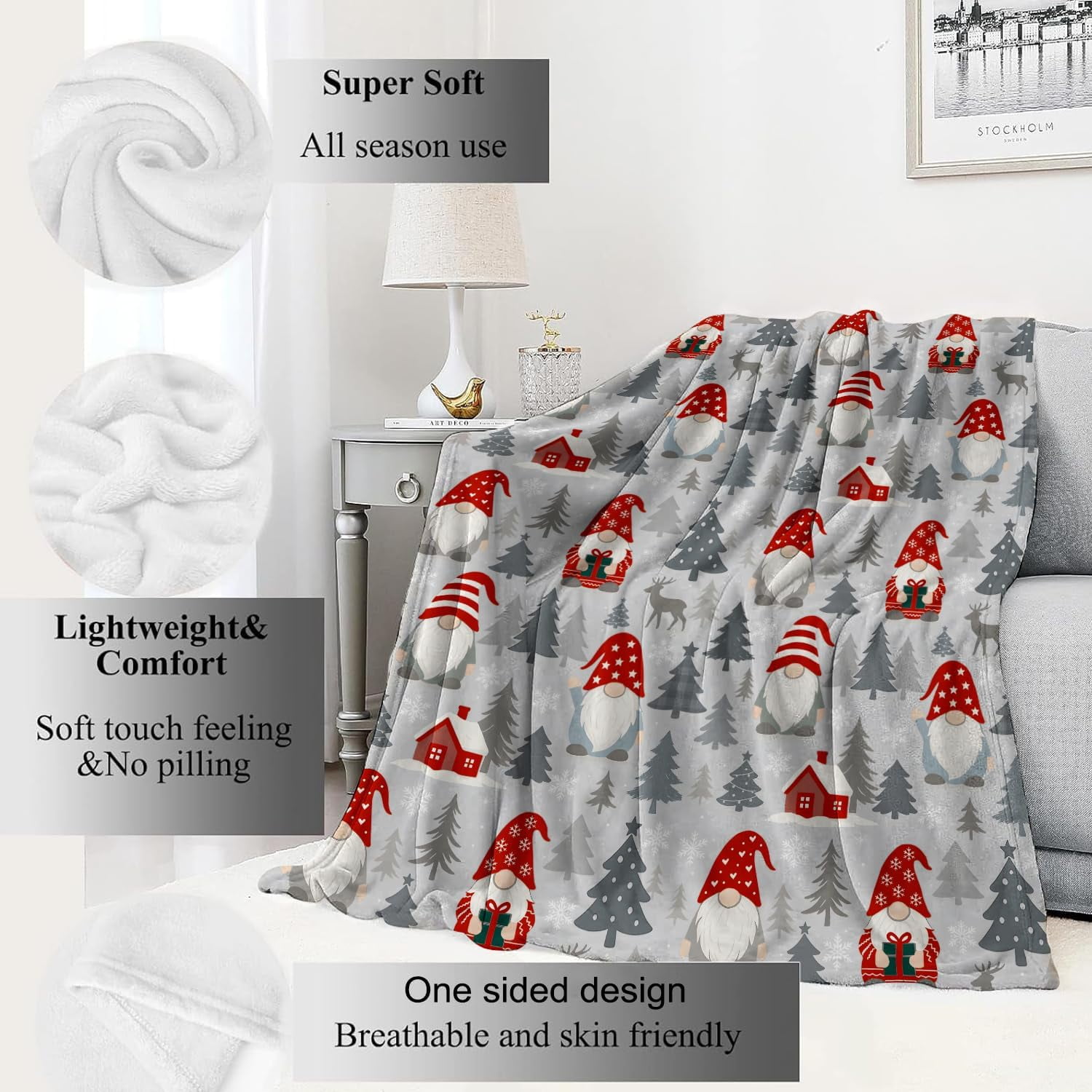 Gnome Blanket Christmas Nordic Holiday Decor Cute Xmas Throw Gifts for Kids Adults Lightweight Fleece Red Hat Cabin Snowy Tree Reindeer Blankets for Festive Winter Decoration 40x50in