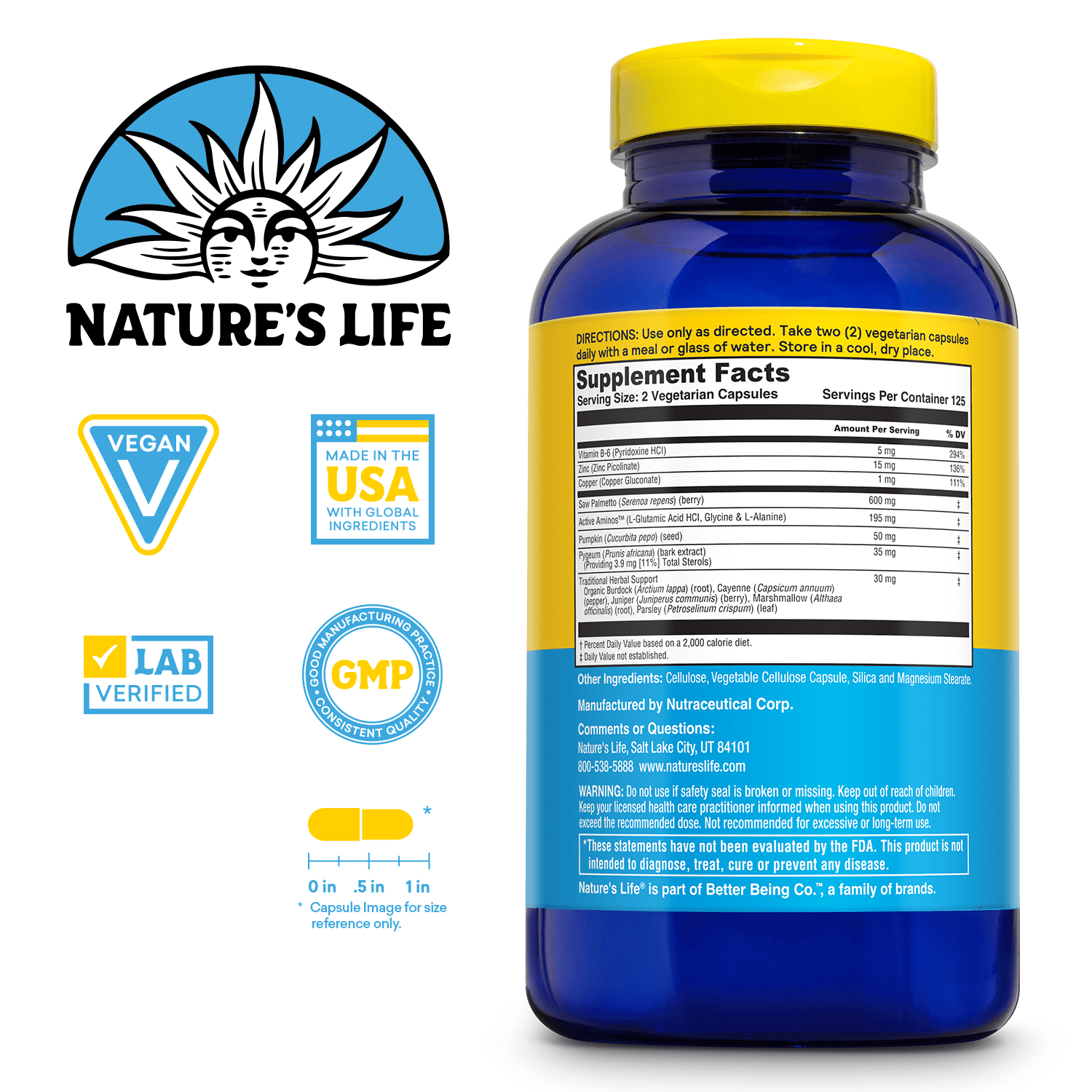 Nature's Life Prostate Maintain 600 Plus Formula for Men | L-Glutamic Acid, L-Alanine, Glycine & Saw Palmetto, Pumpkin Seed & Pygeum Bark | 250 CT