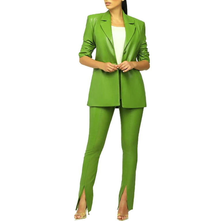 JDEFEG Woman Suites Womens Open Front Solid Blazer Leathers Two Piece  Business Blazer Pant Leathers Suit Coat and Pant Modern Work Pants Women  Polyester Green L 