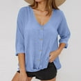 thumbnail image 4 of Inglocry Women's Linen Button Down T Shirts 3/4 Sleeve V Neck Tops Casual Summer Ladies Tees Roll Up Cotton Linen Shirt Blue 2XL, 4 of 6