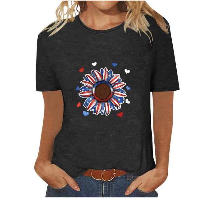 Tops Cortos para Mujeres Día de la Independencia Patriótica Impreso Cuello Redondo, Camiseta de Manga Corta Casual para la Primavera, Verano Y Fiesta