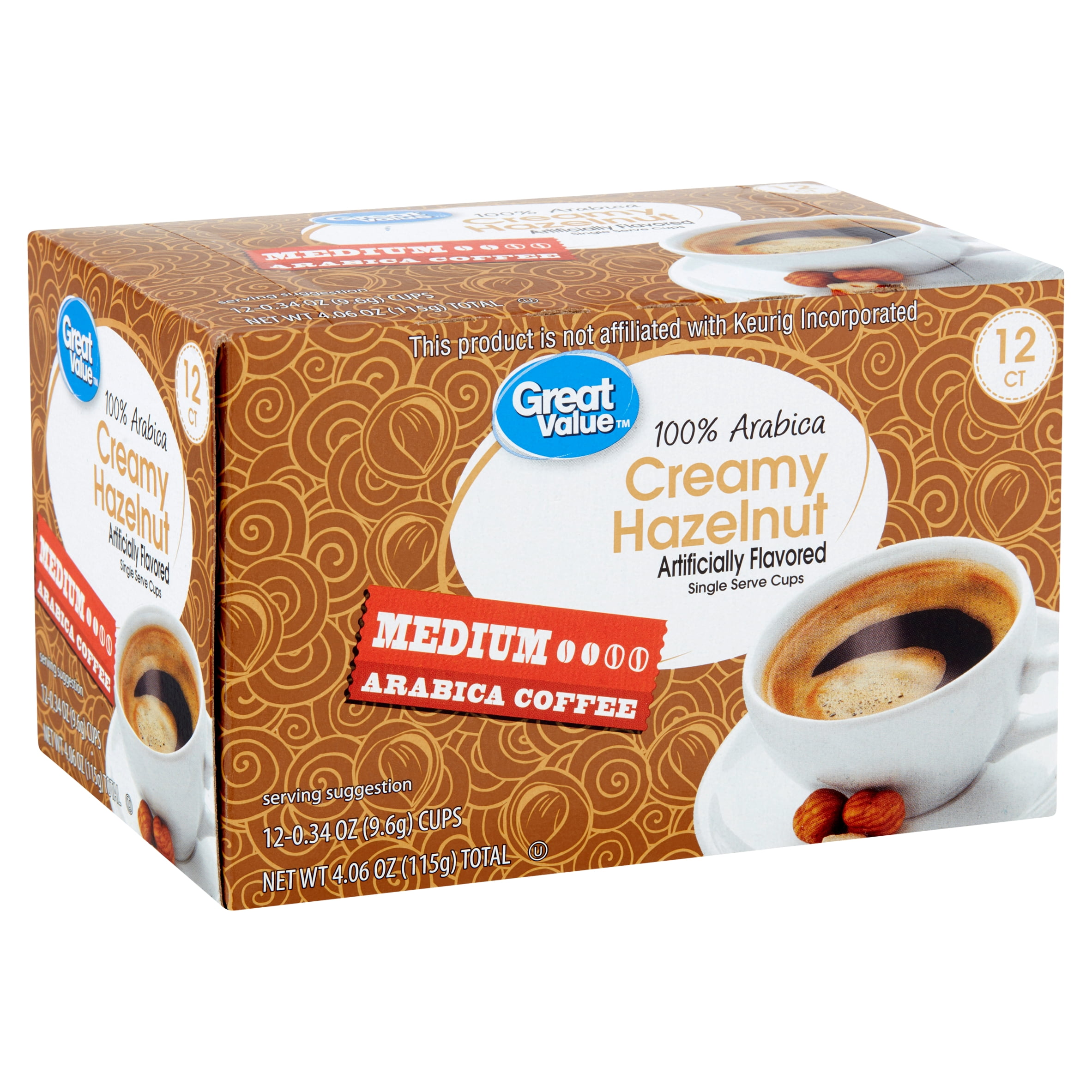 Great Value 100 Arabica Creamy Hazelnut Coffee Pods, Medium Roast, 12
