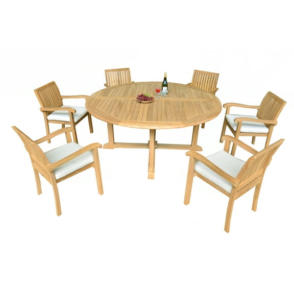 7 PC A Grade Outdoor Patio Teak Dining Set - 72" Round Table & 6 Naples Stacking Arm Chairs