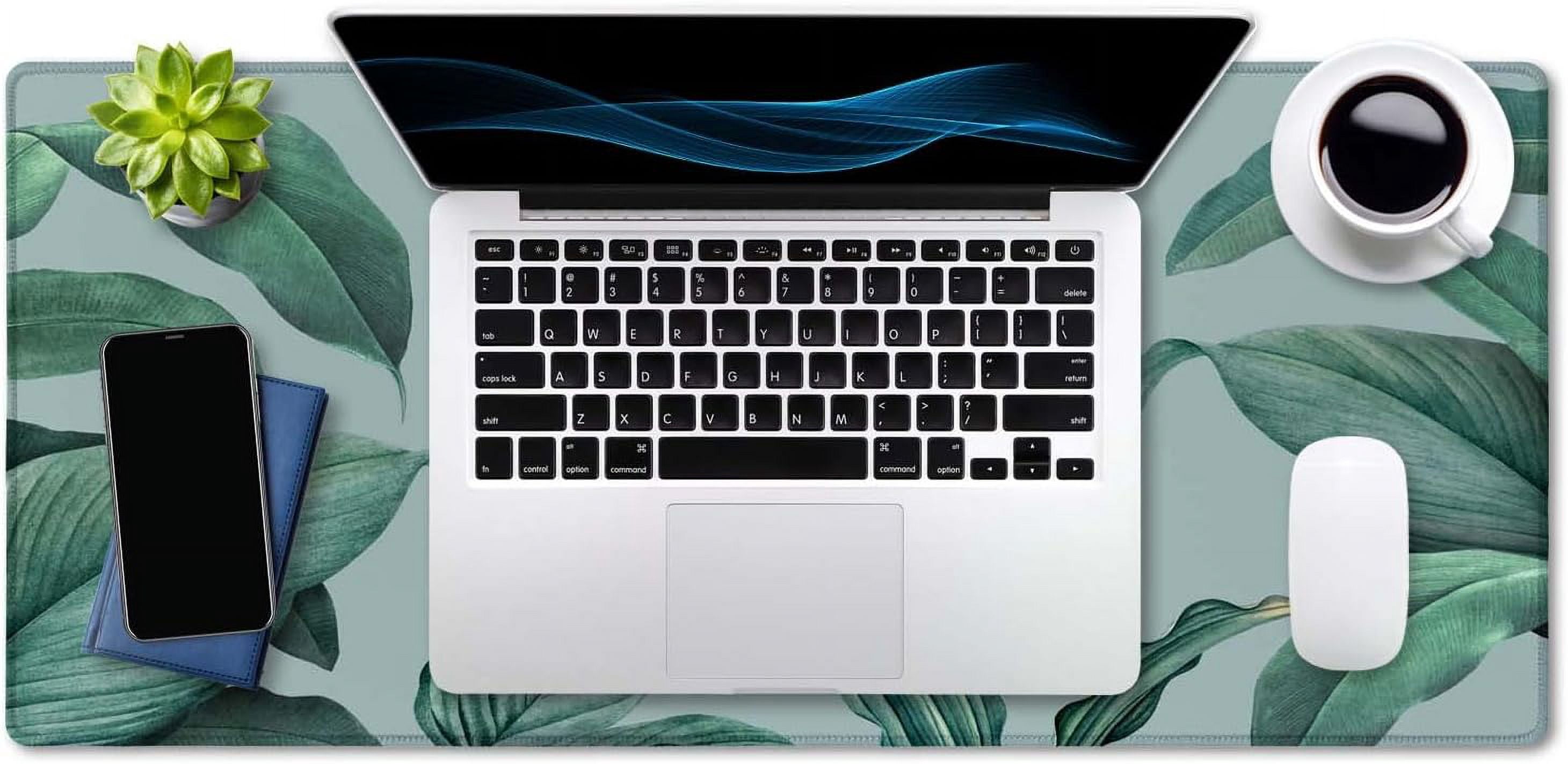 Extended Gaming Mouse Pad - Non-Slip Water-Resistant Rubber Base Computer Keyboard Mouse Mat, 35.5 x 15.7-inch XX-Large Desk Mat, Ideal Partner for Work & Game, Foliage Tropical Leaves