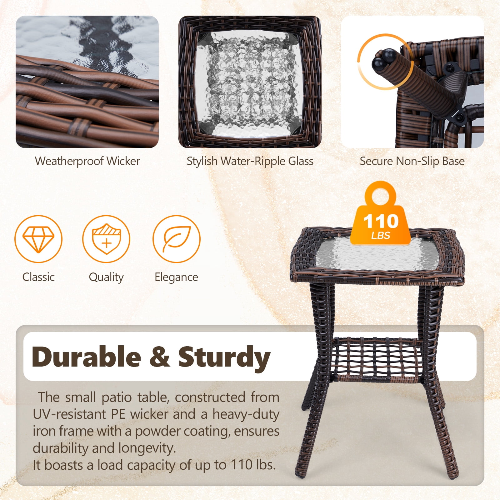 JOYMOR Outdoor Side Table with Storage Wicker, Patio Side Table with Tempered Glass Top End Table for Balcony Porch Deck