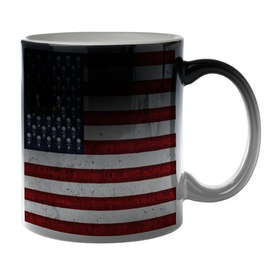 KuzmarK Black Heat Morph Color Changing Coffee Cup Mug 11 Ounce - American Flag Pop Art Skulls