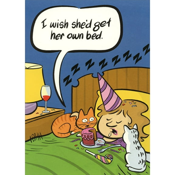 Oatmeal Studios Two Cats and Sleeping Woman: Get Her Own Bed Funny / Humorous Birthday Card for Woman : Her