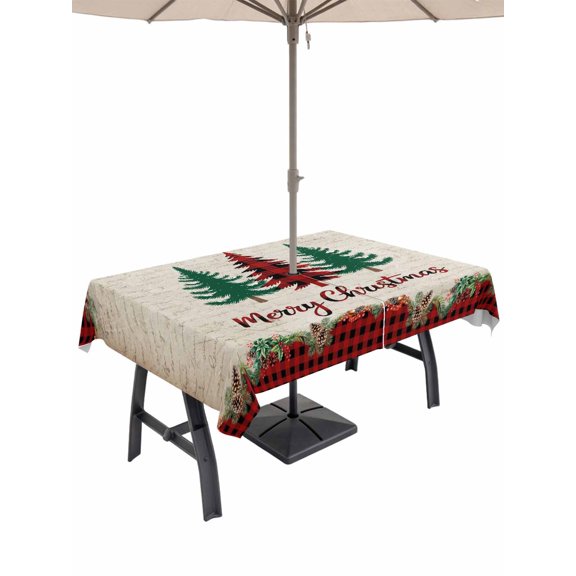 Outdoor Tablecloth with Umbrella Hole and Zipper, Red Plaid Christmas Rectangle Table Cloth 60x84 Inch Waterproof Tablecloth, Xmas Tree Vintage Winter Picnic Table Cover for Patio Camping