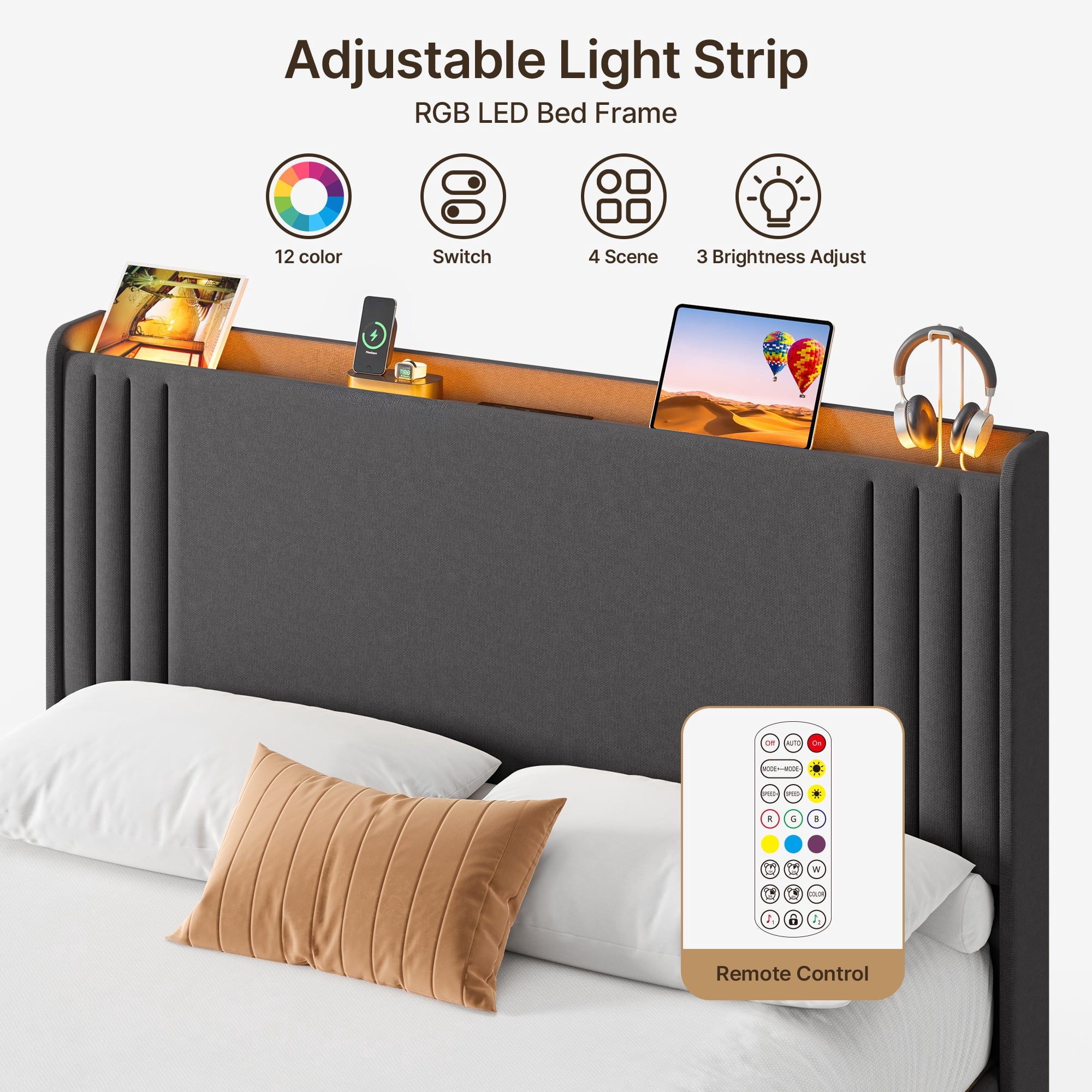 Full Upholstered Platform Bed Frame with Charging Station & LED Lights, Wingback Headboard, Wood Slat Support, Noise-Free, No Box Spring Needed, Dark Gray