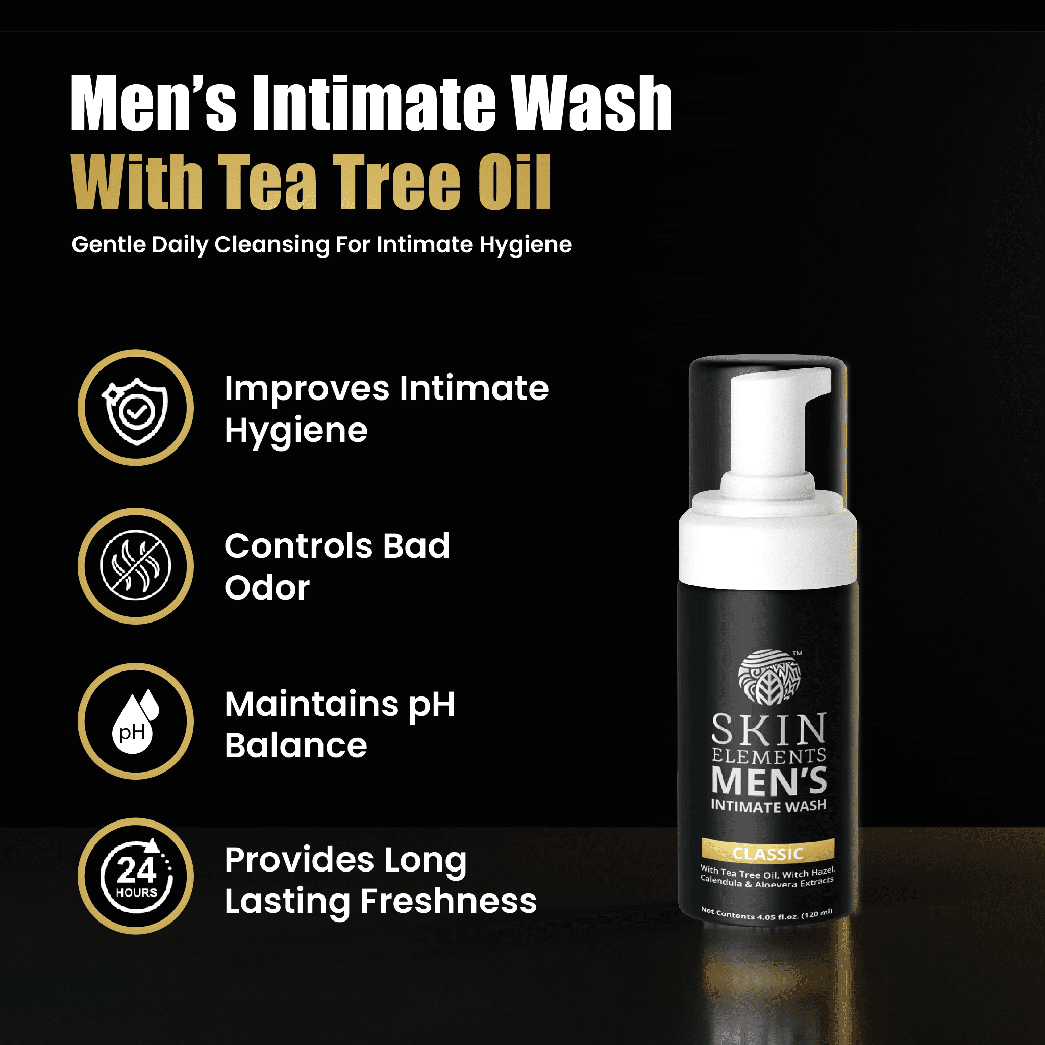 Skin Elements Intimate Wash for Men (4.05 fl. oz.) | pH Balanced Foaming Penis Wash | Tea Tree Oil | Controls Bad Odor and Soothes Intimate Area