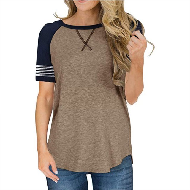 T-shirts à Manches Courtes pour Femmes Blouse Rayée à Blocs de Couleur Hauts Décontractés