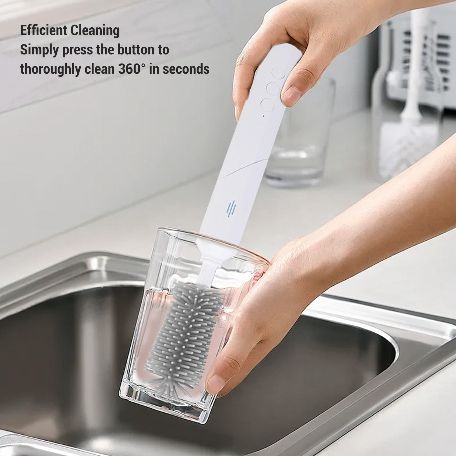 Rupoun Electric Bottle Brush Set, 3 Speeds, 2 Replaceable Heads, Rechargeable Cleaning Brush with Drying Rack, White, 9.84 inches / 25 cm