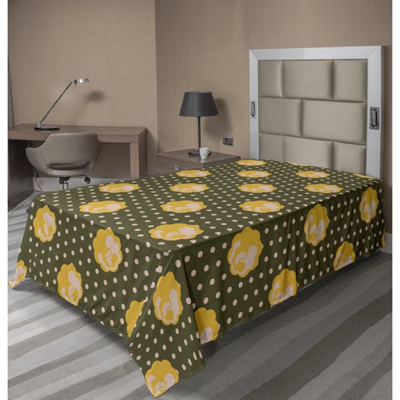 Abstract Flat Sheet, Art Image of Cloud Shaped Motifs on Polka Dotted Background Print, Soft Comfortable Top Sheet Decorative Bedding 1 Piece, 6 Sizes, Army Green and Pale Orange, by Ambesonne