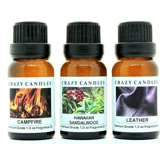 Crazy Candles 3 Bottles Set, 1 Hawaiian Sandalwood, 1 Leather, 1 Campfire 1/2 Fl Oz Each (15ml) Premium Grade Scented Fragrance Oils