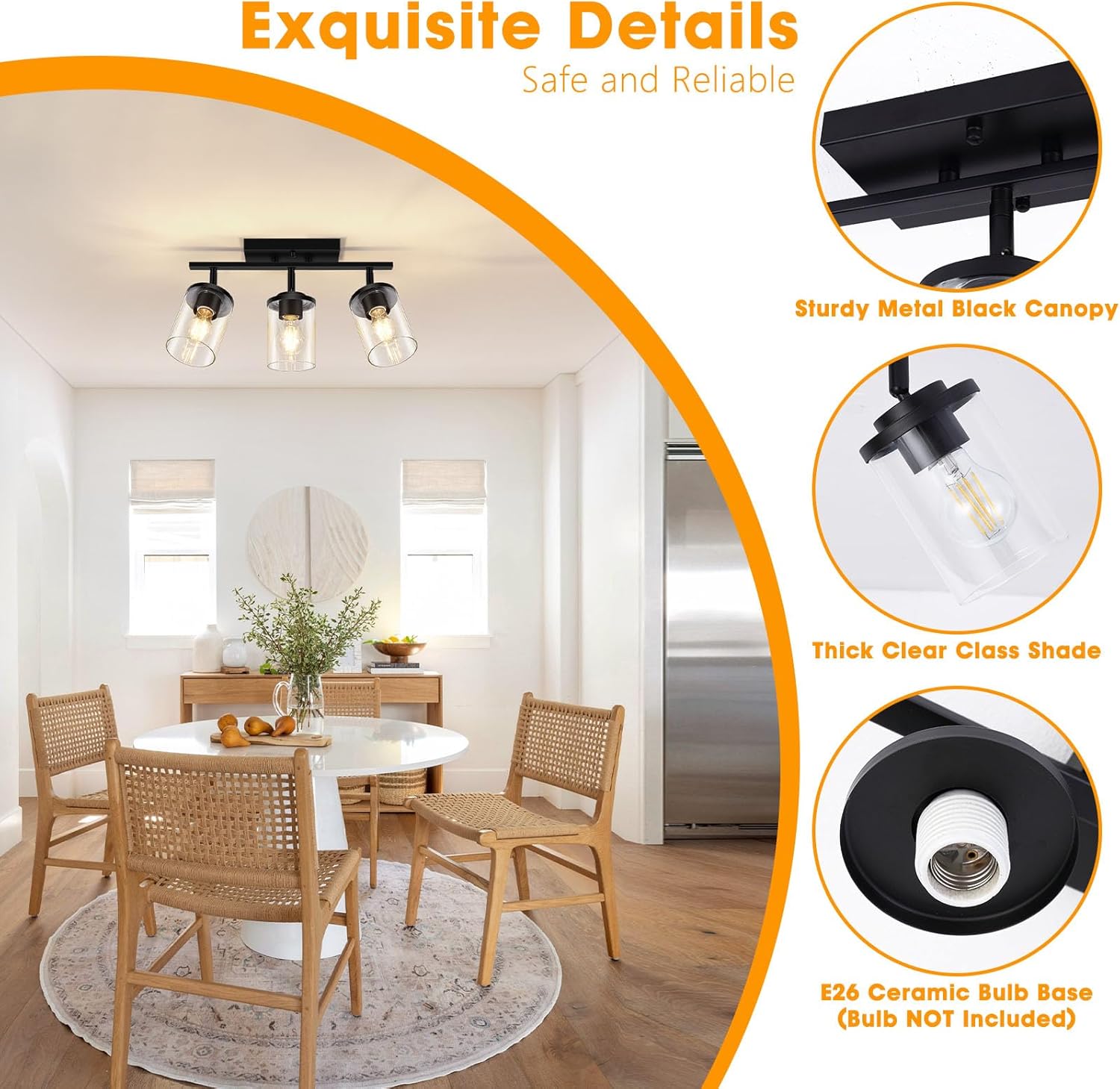 3-Light Track Lighting Kit Black Track Lighting Fixtures Bathroom Wall Sconces Ceiling Mount Kitchen Tracking Lights Rotatable Spotlight with Clear Glass Shade for Kitchen Shop Hallway