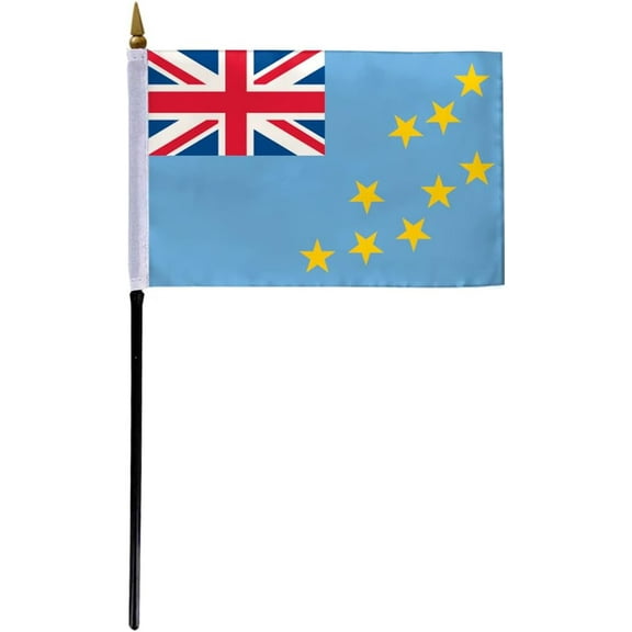 AGAS Tuvalu Flag 4x6 inch - 11" Plastic Pole 100% Polyester Stitched Edges Tuvaluan Polynesian Island Mini Flag on a Stick