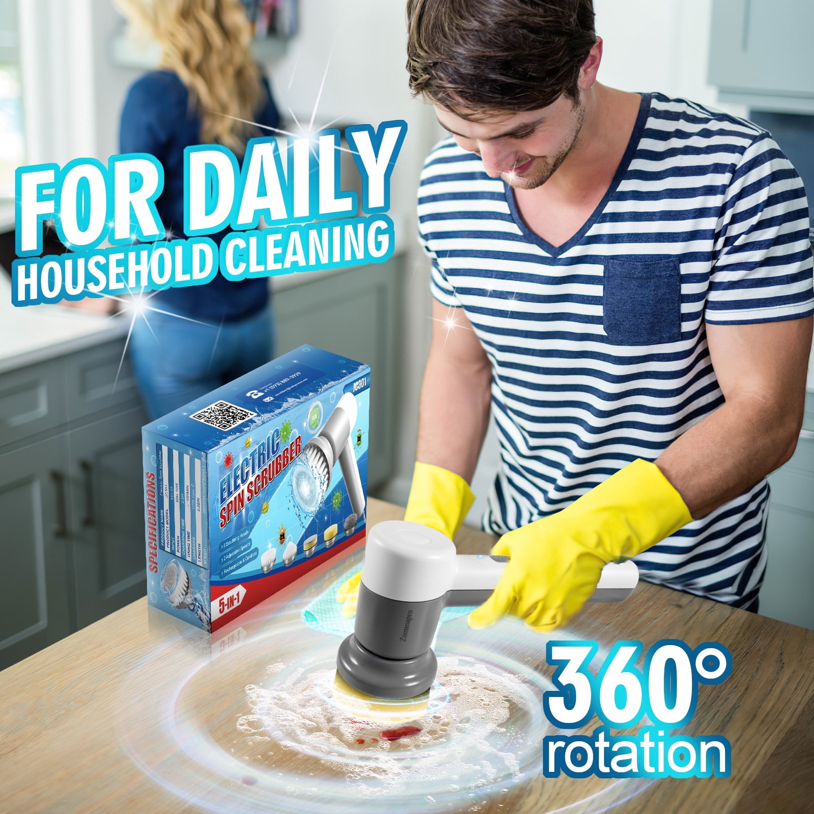 Zommapro Toilet brushes Bathroom Scrubber Rechargeable Shower Scrubber with 5 Replaceable Brush Heads, Cordless Cleaning Brush Power Scrubber for Floor Wall Tile Tub Sink Grill Dish Kitchen