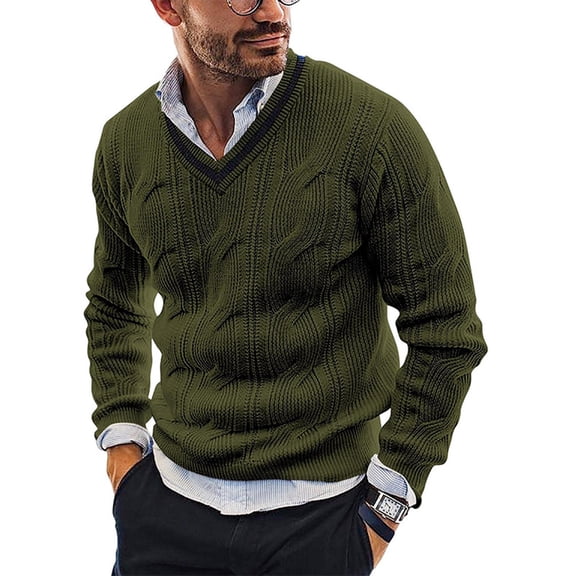 Men's Cable Knit V Neck Sweater Long Sleeve Classic Casual Pullover Knit Top