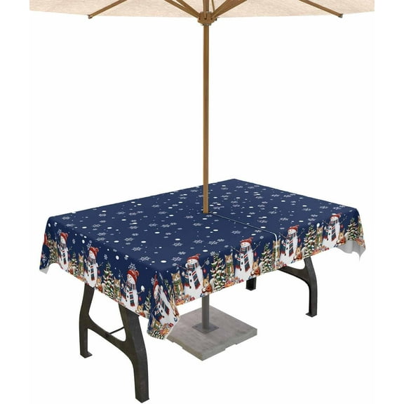 Navy Blue Christmas Outdoor Tablecloth - 60x120 Inch Rectangle Dining Table Cover, Snowflake Snowman Tree Xmas Waterproof Outdoor Table Cloth with Umbrella Hole & Zipper for Picnic/Patio