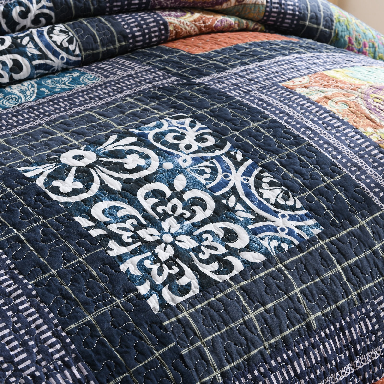 WannaToo Cotton Bedspread Quilt Set for All Season, Blue Patchwork, King