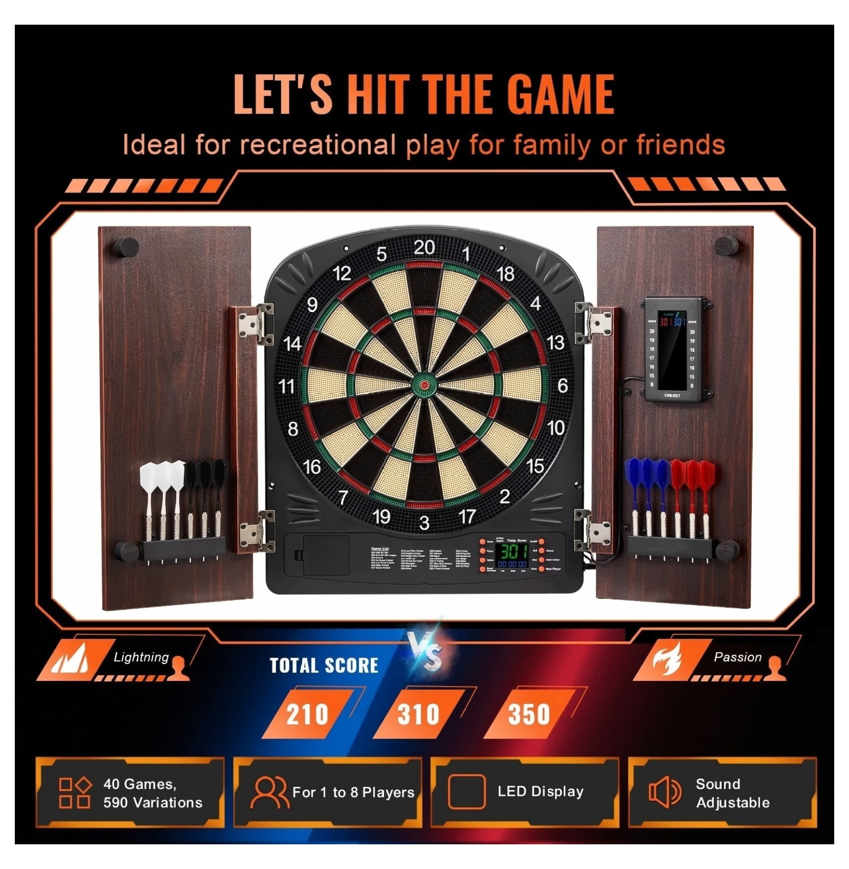 Dartboard Cabinet Set with LED Scoring - Soft Tip Darts, 40 Games, Family Fun