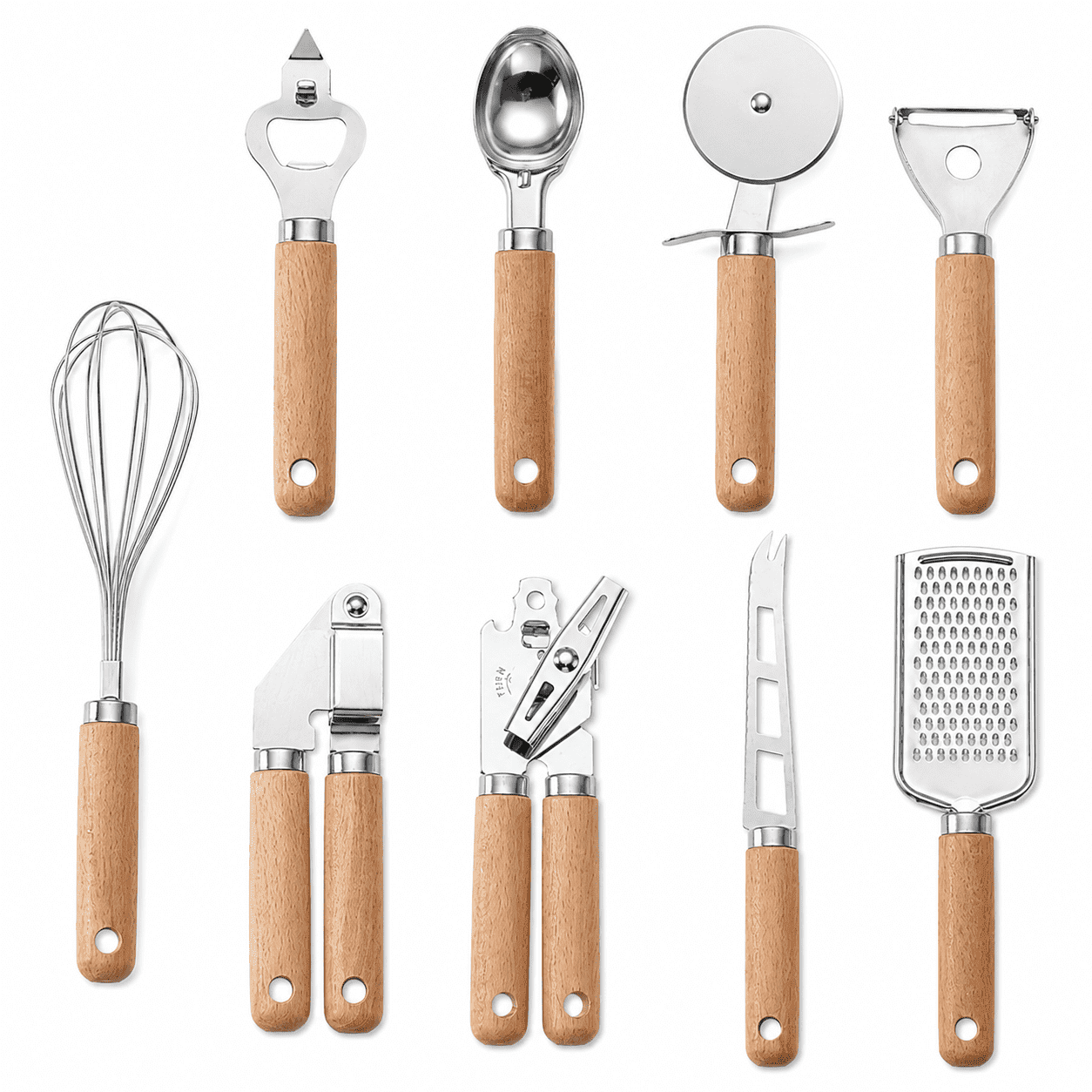 Dintonin Kitchen utensils sets stainless steel, Wood Wooden Handle Cooking Utensil Sets, 9 pcs
