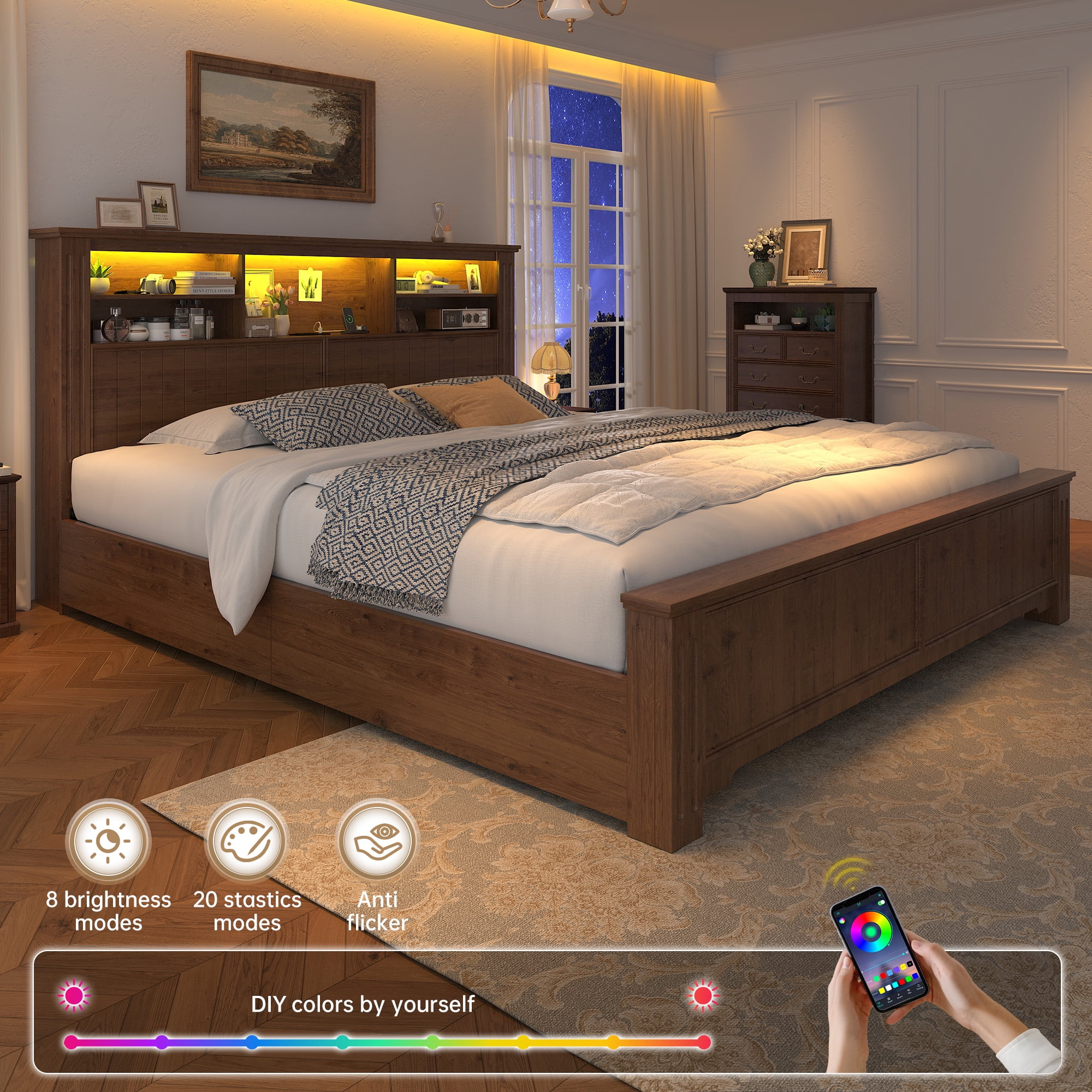 EnHomee King Size Bed Frame with 4 Storage Drawers Platform Bed Frame metal with Headboard and Storage Framhouse Bed Frame with LED Lights & Charge Station, Brown