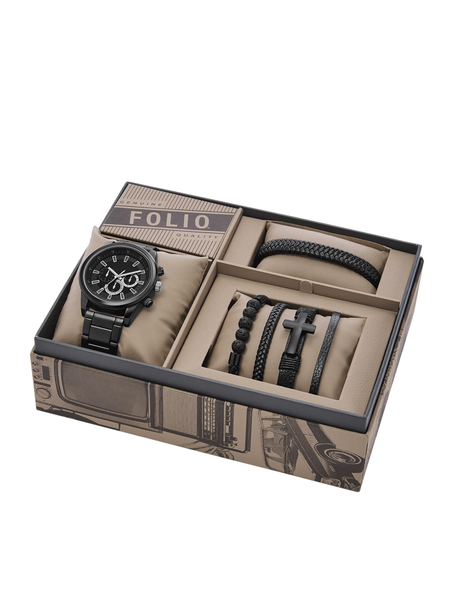 Folio Men's Watch Gift Set: Matte Black Bracelet Watch with 5 Stackable Bracelets (FMDAL1207)