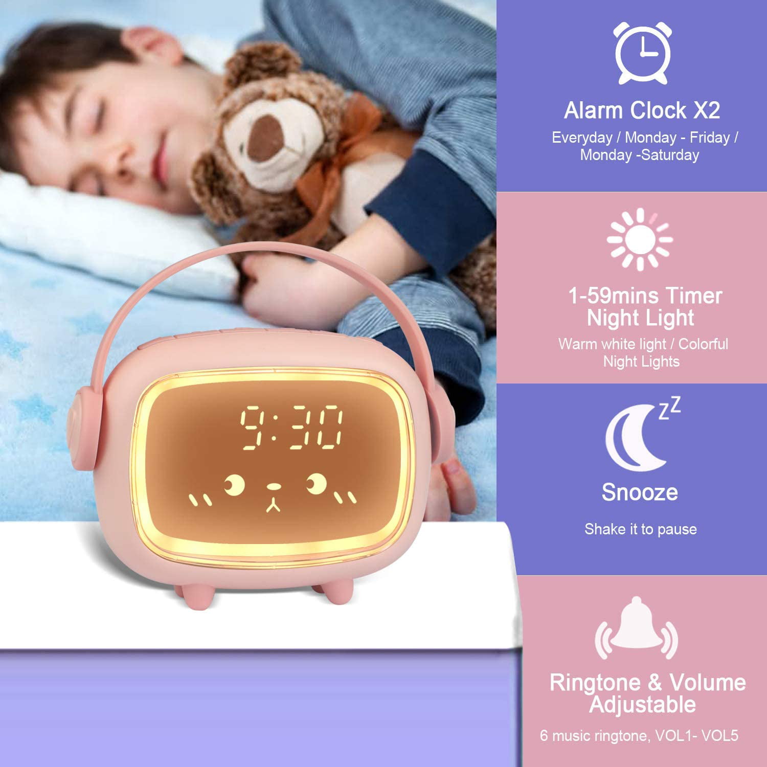Cute Children Wake Up Clock with Countdown/Snooze/2 Alarms/Voice Control Function Rechargeable Clock for Desk Living Room Kids Alarm Clock Digital 