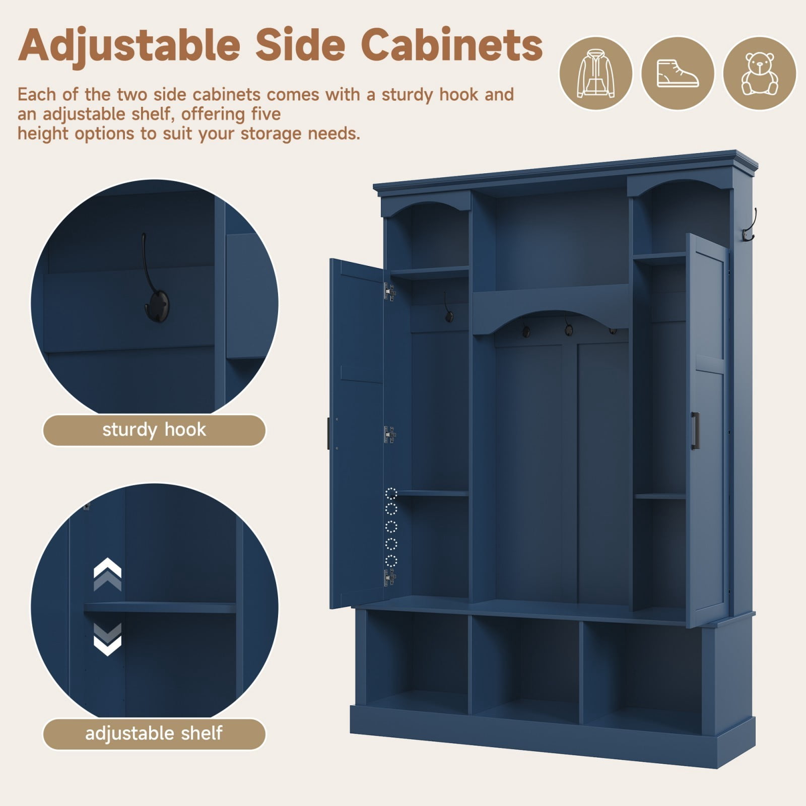 Modern Farmhouse Entryway Hall Tree with Bench, All-in-One Coat Rack Shoe Storage with 2 Side Cabinets, Adjustable Shelves & 7 Hooks, Arched Hallway Organizer for Mudroom Entryway, Blue