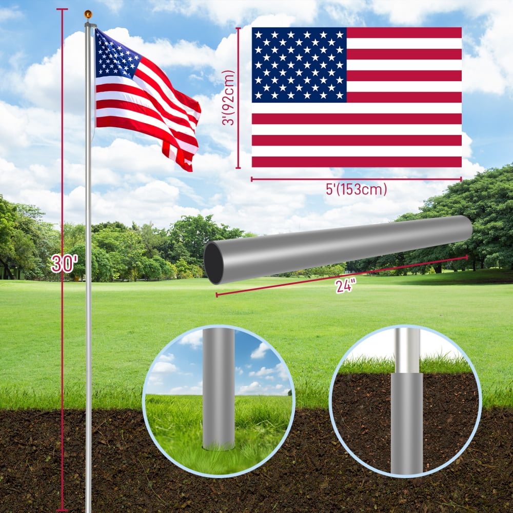 IVV 30FT Sectional Flag Pole Kit, Extra Thick Heavy Duty Aluminum Flagpoles for Outside House Inground with 3'x5' American Flag and Golden Ball Topper for Residential or Commercial Use, Silver