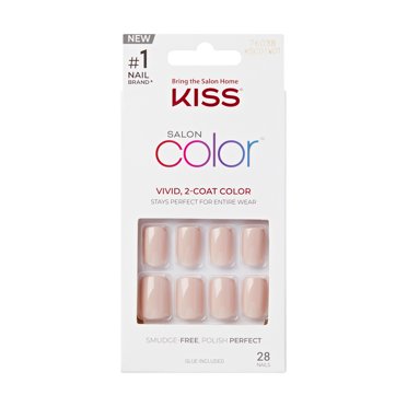 KISS Salon Color, Press On Nails, Landslide, Beige, Short Square, 28 Count