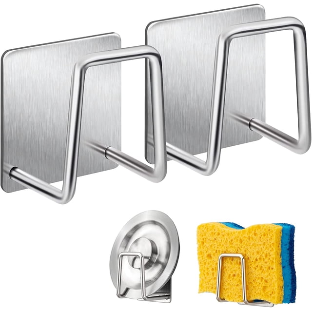 Paquete de 2 soportes para esponjas de cocina, soporte para esponjas pequeño con adhesivo fuerte, resistente al óxido, resistente al agua, carrito para fregadero de cocina, tamaño más