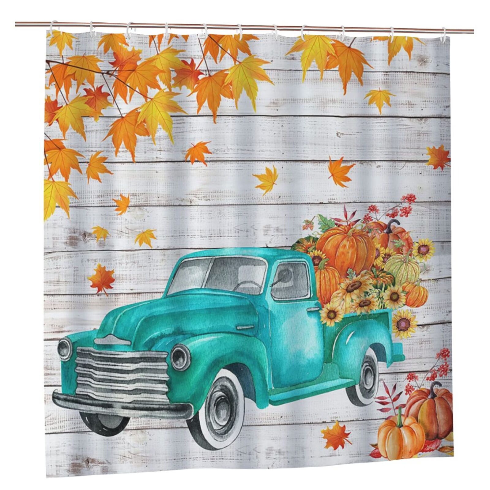 Autumn Fall Shower Curtain Set,Pumpkin Farm Truck Leaves Thanksgiving