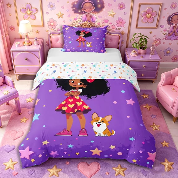 Castle Fairy Cute Black Girl Twin Duvet Cover,Cartoon Dog Stars Print Twin Bedding,Violet Red Orange,1 Duvet Cover and 1 Pillowcase