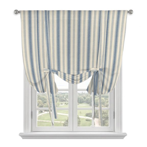 Blue Striped Balloon Curtains for Windows, Bedroom Curtains 54 Inch Length, Modern Stripes Vintage Beige Minimalist Tie Up Curtains Panels Thermal Insulated Bathroom Curtains Window 42"x54"