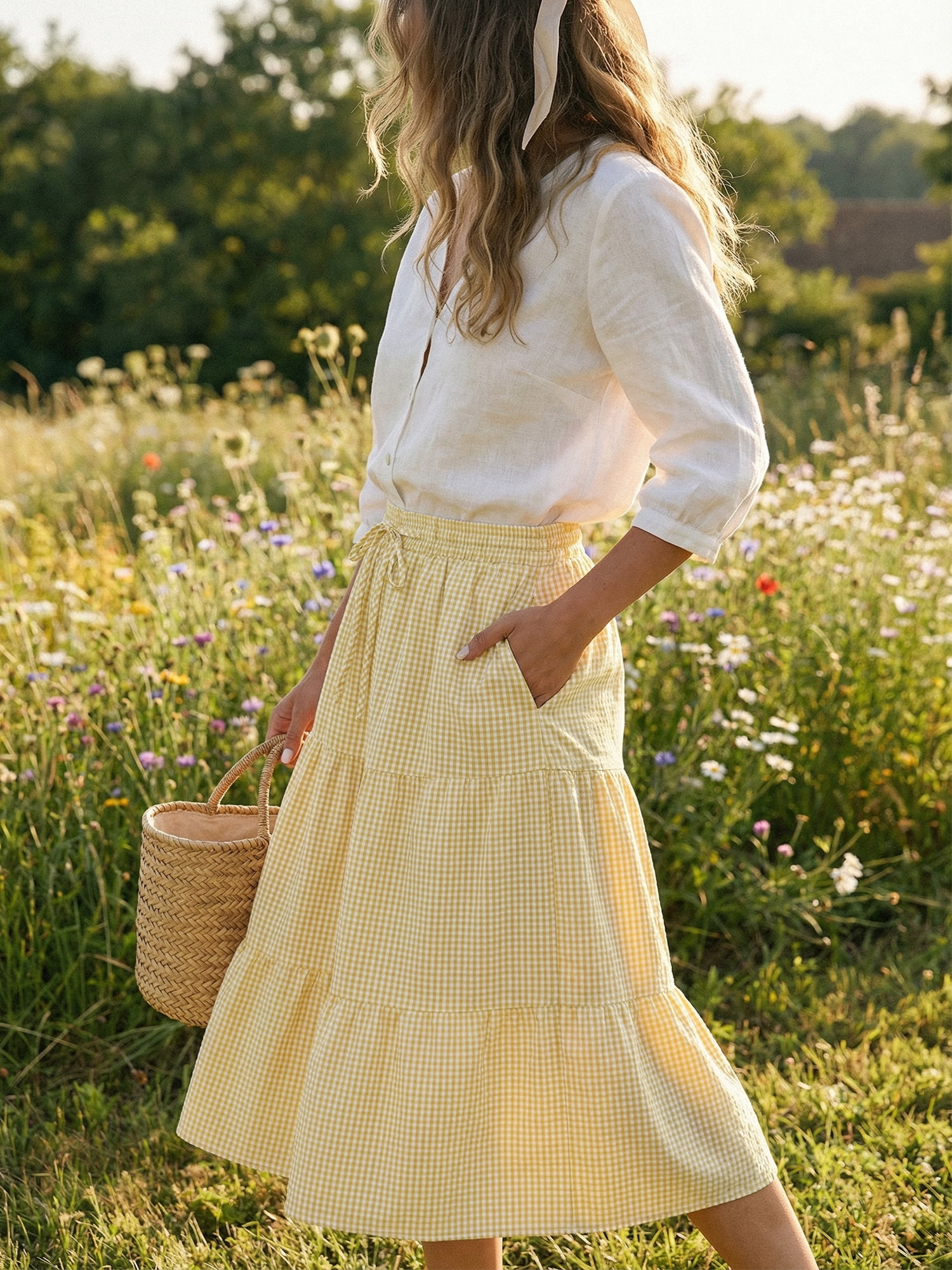 DARING DIVA Women's Gingham Drawstring Waist Tiered A-Line Midi Skirt Small Yellow