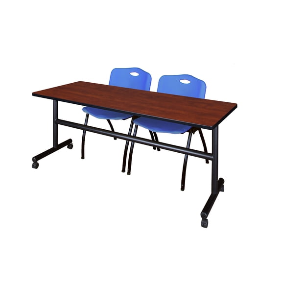 Regency Kobe 72 x 30 in. Flip-Top Training Nesting Table- Cherry, 2 M Stack Chairs- Blue