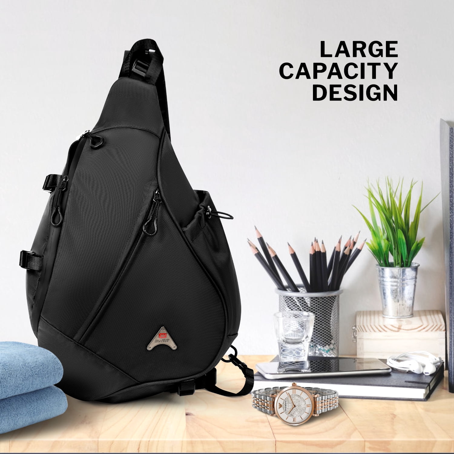 Large Crossbody Sling Bag for Men Waterproof Shoulder Bag One Strap Sling Backpack for Travel,Work,Hiking,Cycling,Daily,602-Black