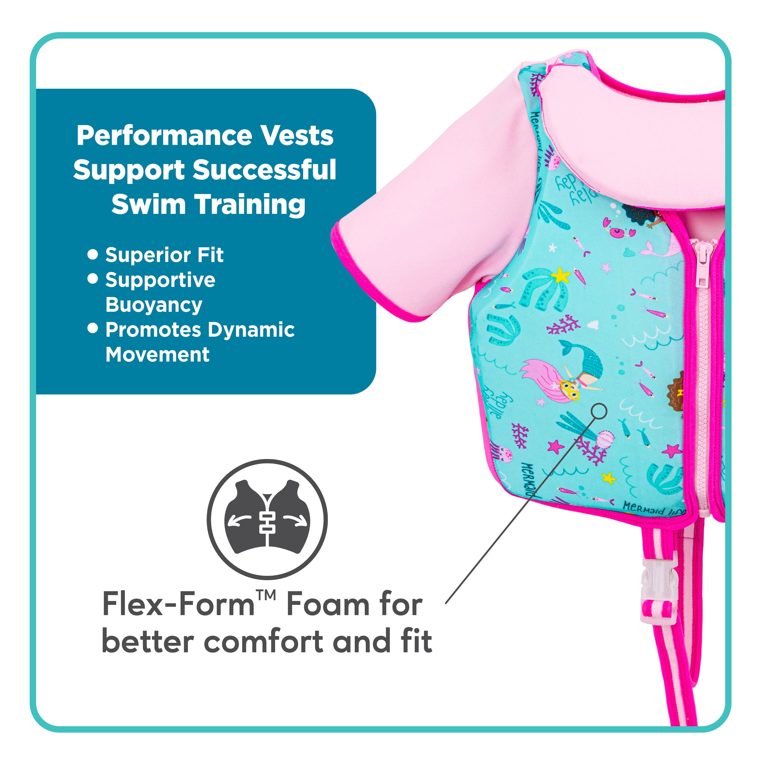 SwimSchool Pink Mermaid Swim Trainer Vest for Kids with Collar, Medium-Large, Ages 4-6 Years, Unisex