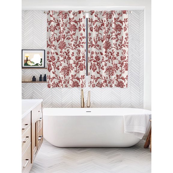Farmhouse Red Window Curtains Panels with Silver Grommet, Vintage Flower Leaf Botanical Plant Kitchen Cafe Curtain Draperies Window Treatment Set for Living Room/Bedroom/Laundry Room/Bathroom, 104x84